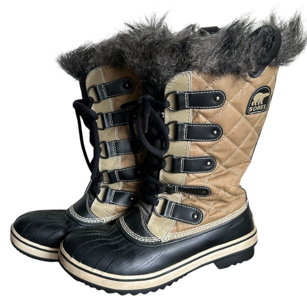 Sorel Tofino Cate Women's 7 Curry Black Quilted Waterproof Snow Boot Faux Fur